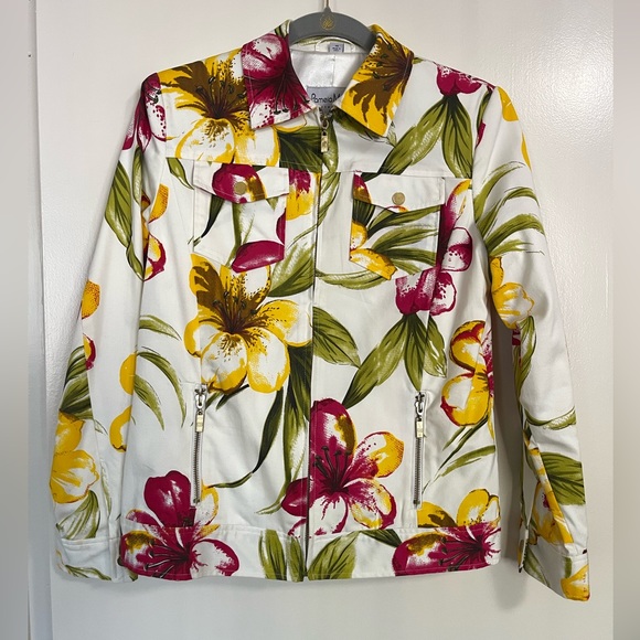 Pamela McCoy Colorful Plumeria Patterned Cotton Blend Jacket | Womens XS - Picture 1 of 9